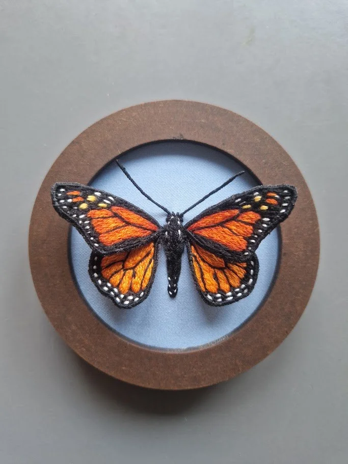 3D Monarch Butterfly Embroidery in Wooden Frame