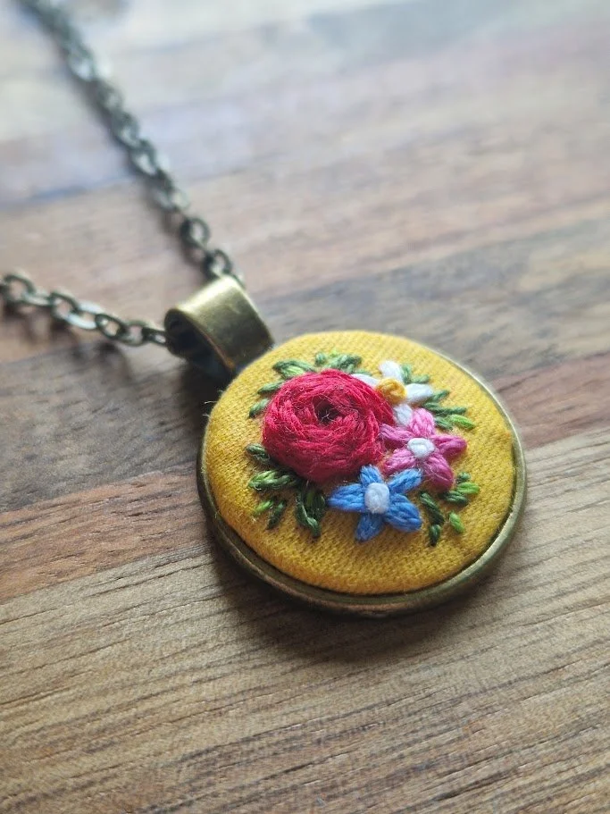 Hand-Embroidered Red Rose Pendant
