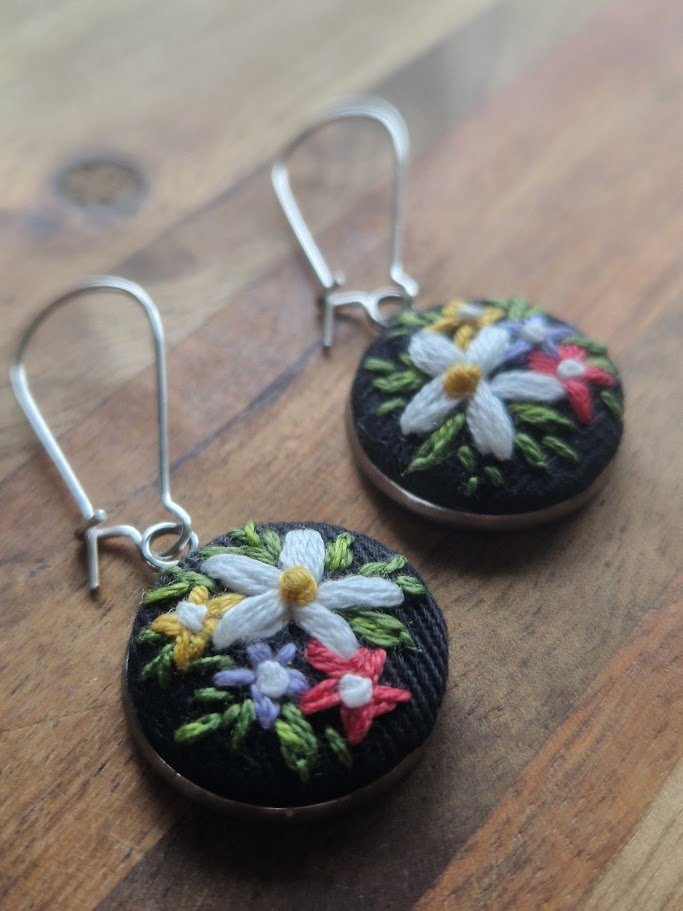 Hand-Embroidered Daisy Earrings on Navy Linen