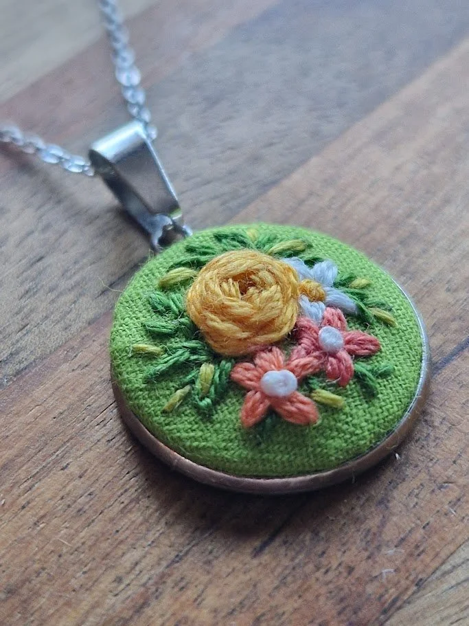 Hand-Embroidered Floral Pendant Necklace