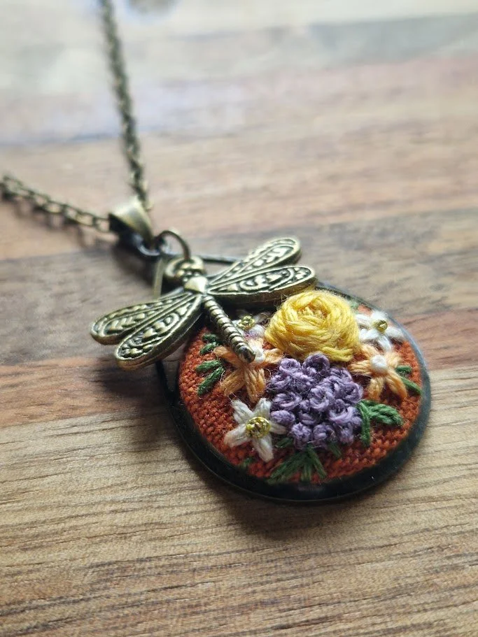 Handmade Floral Embroidery Pendant with Dragonfly Charm
