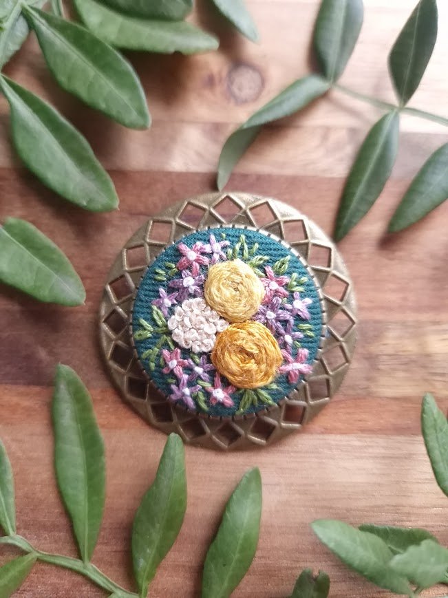 Yellow Roses on Green Floral Brooch