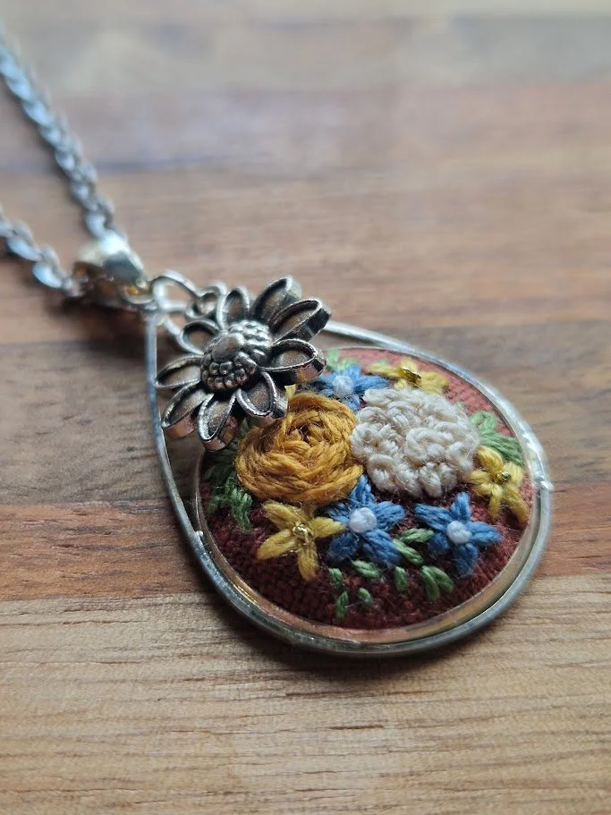 Hand Embroidered Floral Pendant with Sunflower Charm