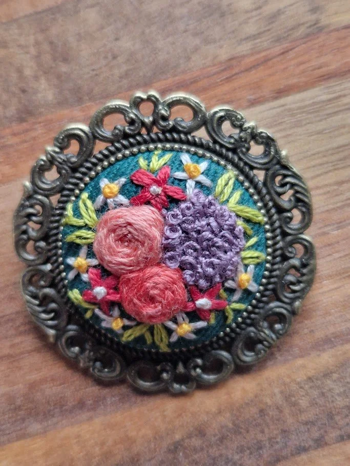 Hand-Embroidered Floral Bronze Brooch