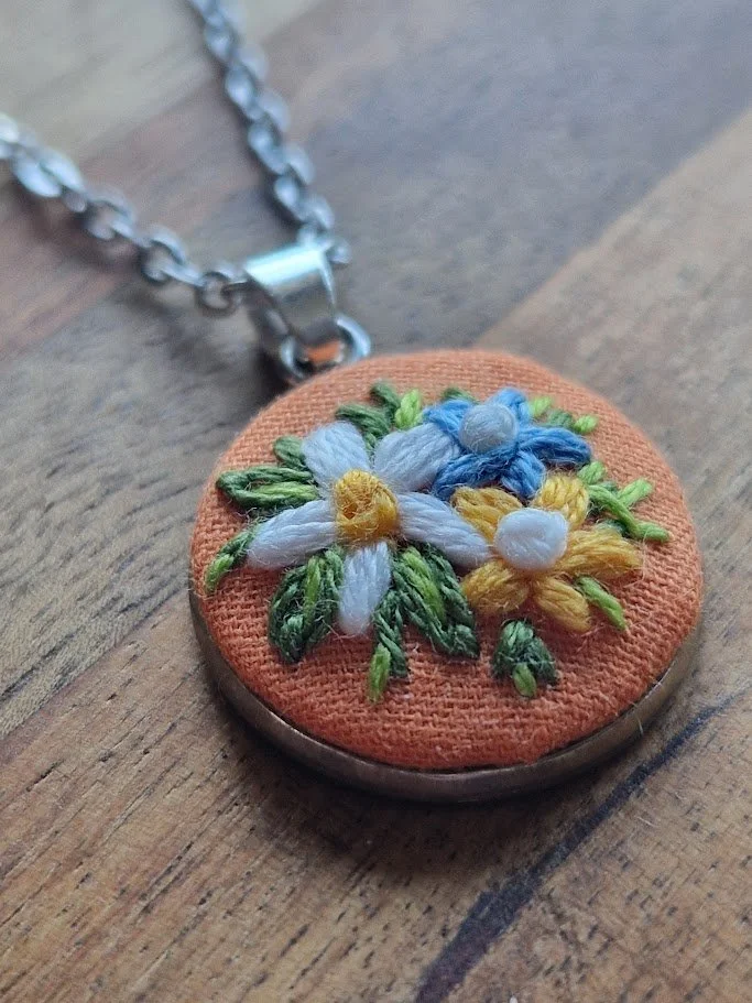 Hand-Embroidered Floral Pendant Necklace