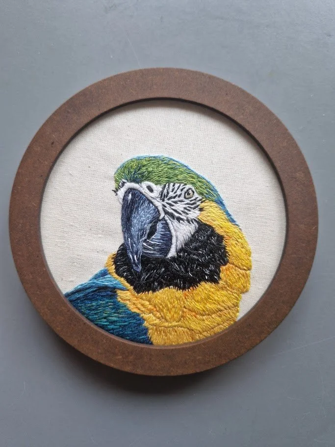Hand Embroidered Macaw Parrot in Wood Frame