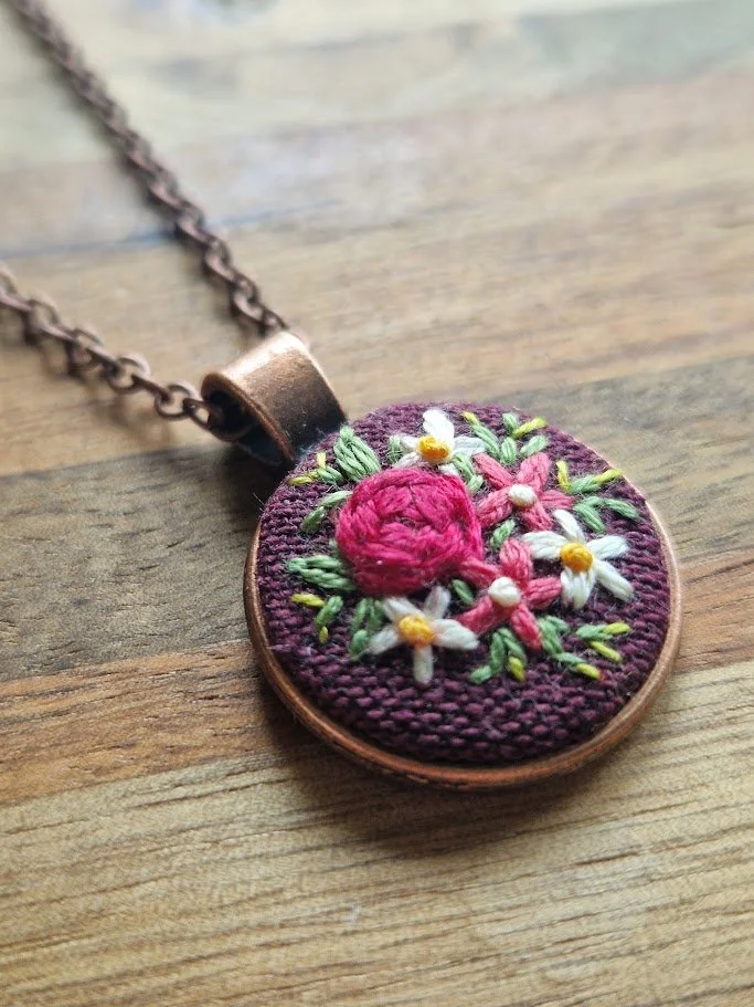 Hand-Embroidered Floral Copper Pendant