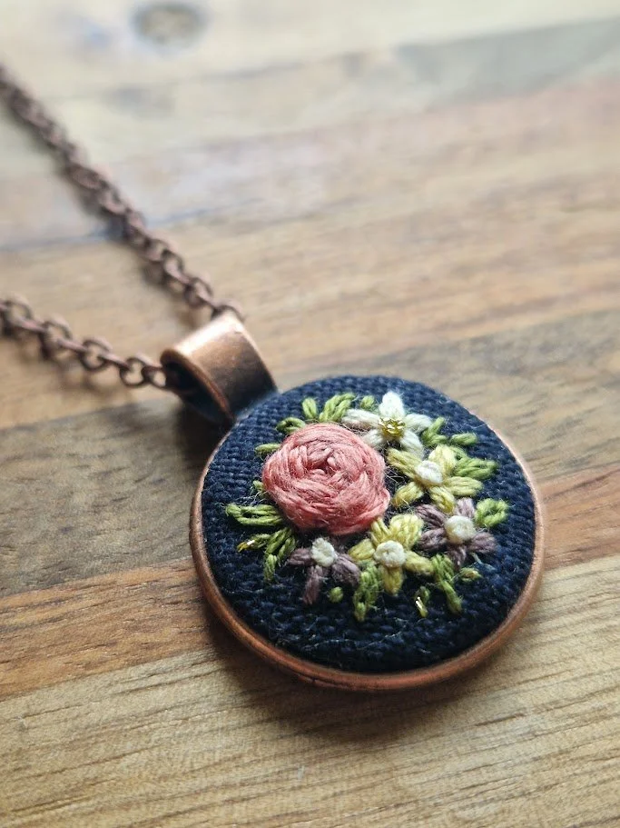 Hand Embroidered Floral Copper Pendant