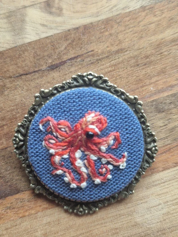 Hand-Embroidered Octopus Brooch