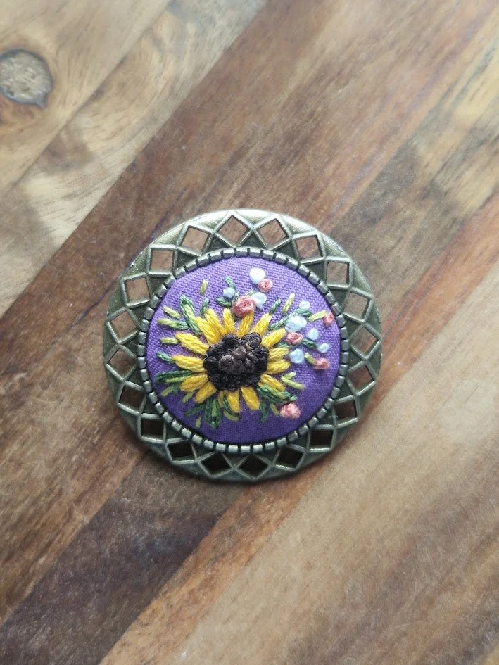 Hand-Embroidered Sunflower Bronze Brooch