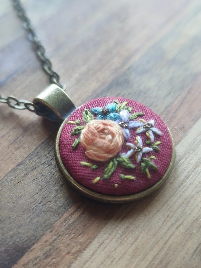 Embroidered Orange Rose Bronze Pendant Necklace