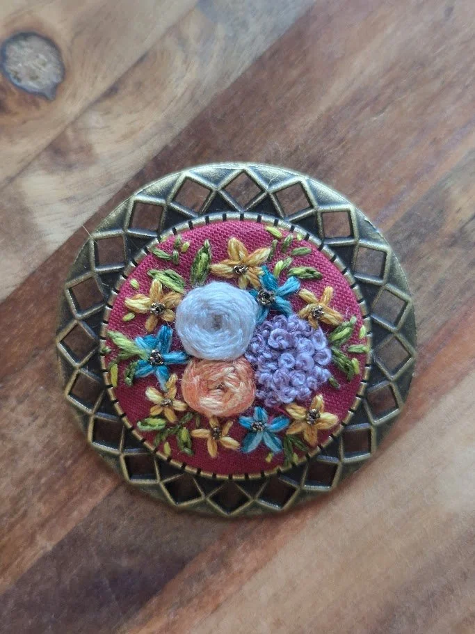 Hand-Embroidered Floral Brooch - Red & Multi-Color