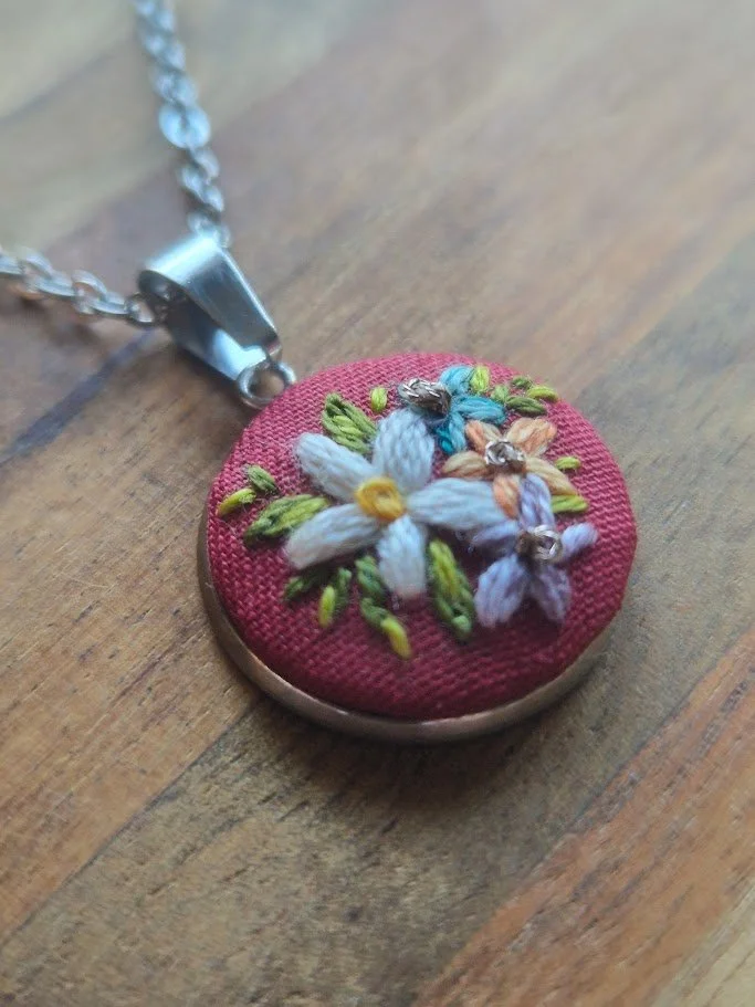 Hand-Embroidered Daisy Pendant