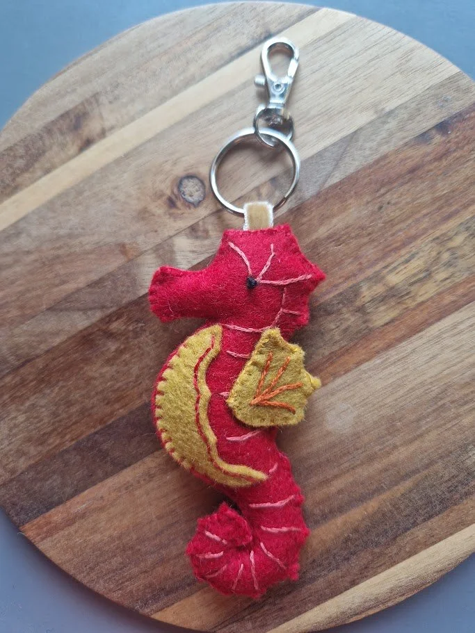 Hand-Sewn Red and Gold Seahorse Bag Charm and Key Ring