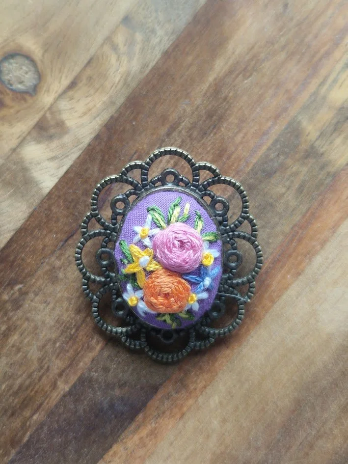 Hand Embroidered Floral Bronze Brooch