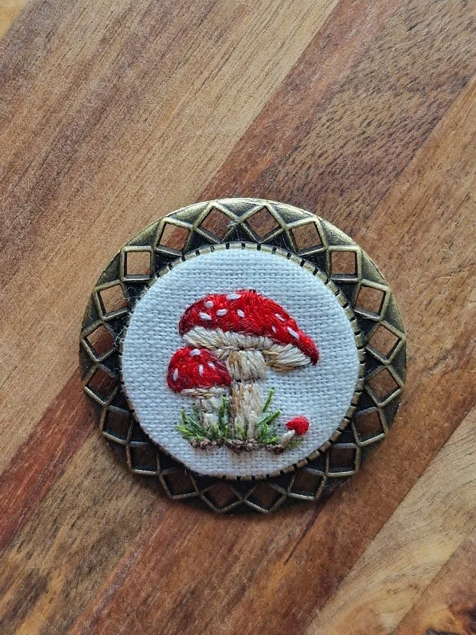 Hand Embroidered Red Mushroom Bronze Brooch