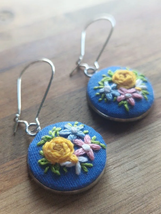Hand Embroidered Floral Earrings in Stainless Steel