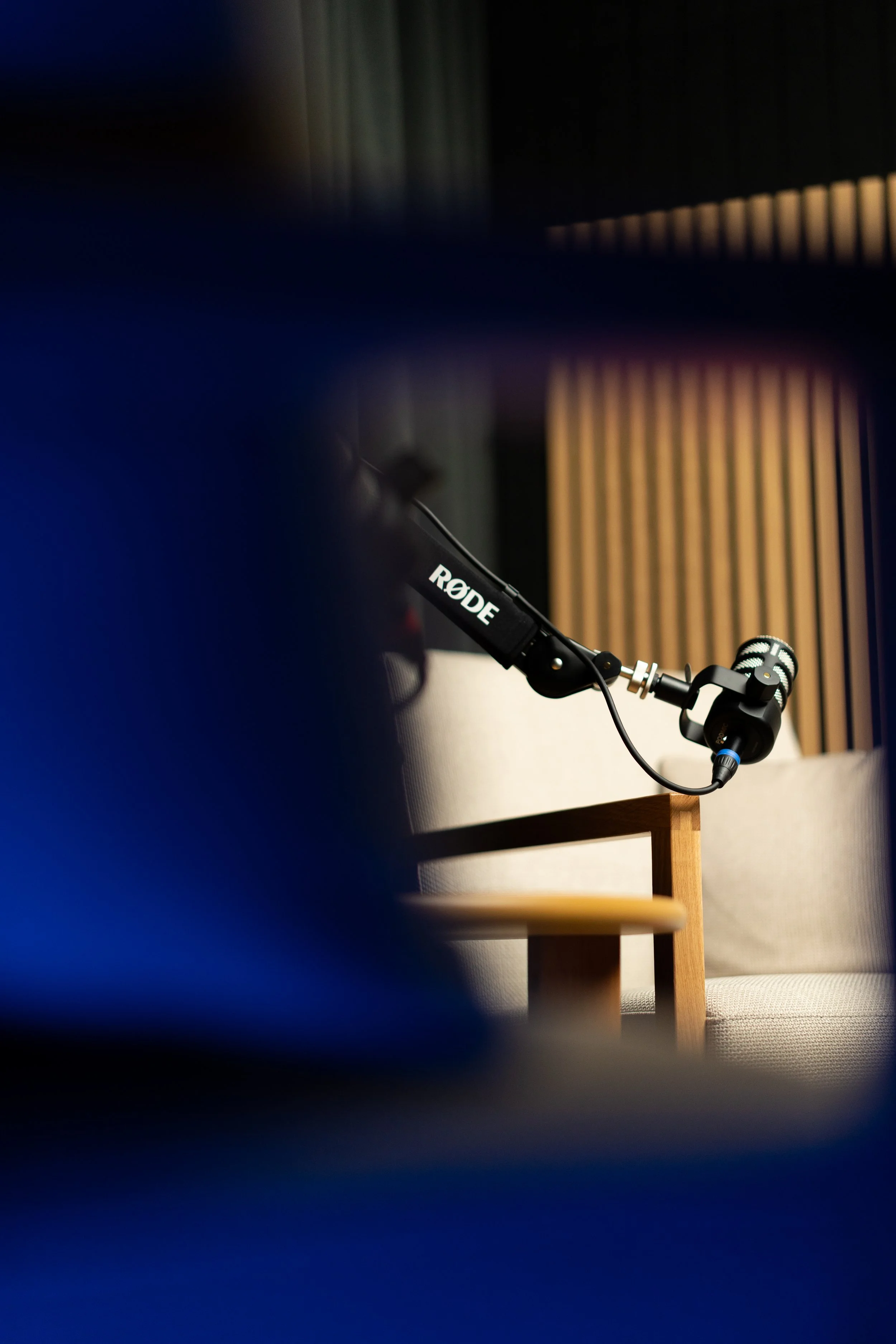 Studio microphone mounted on a stand in a recording space with wooden acoustic panels and a gray couch.
