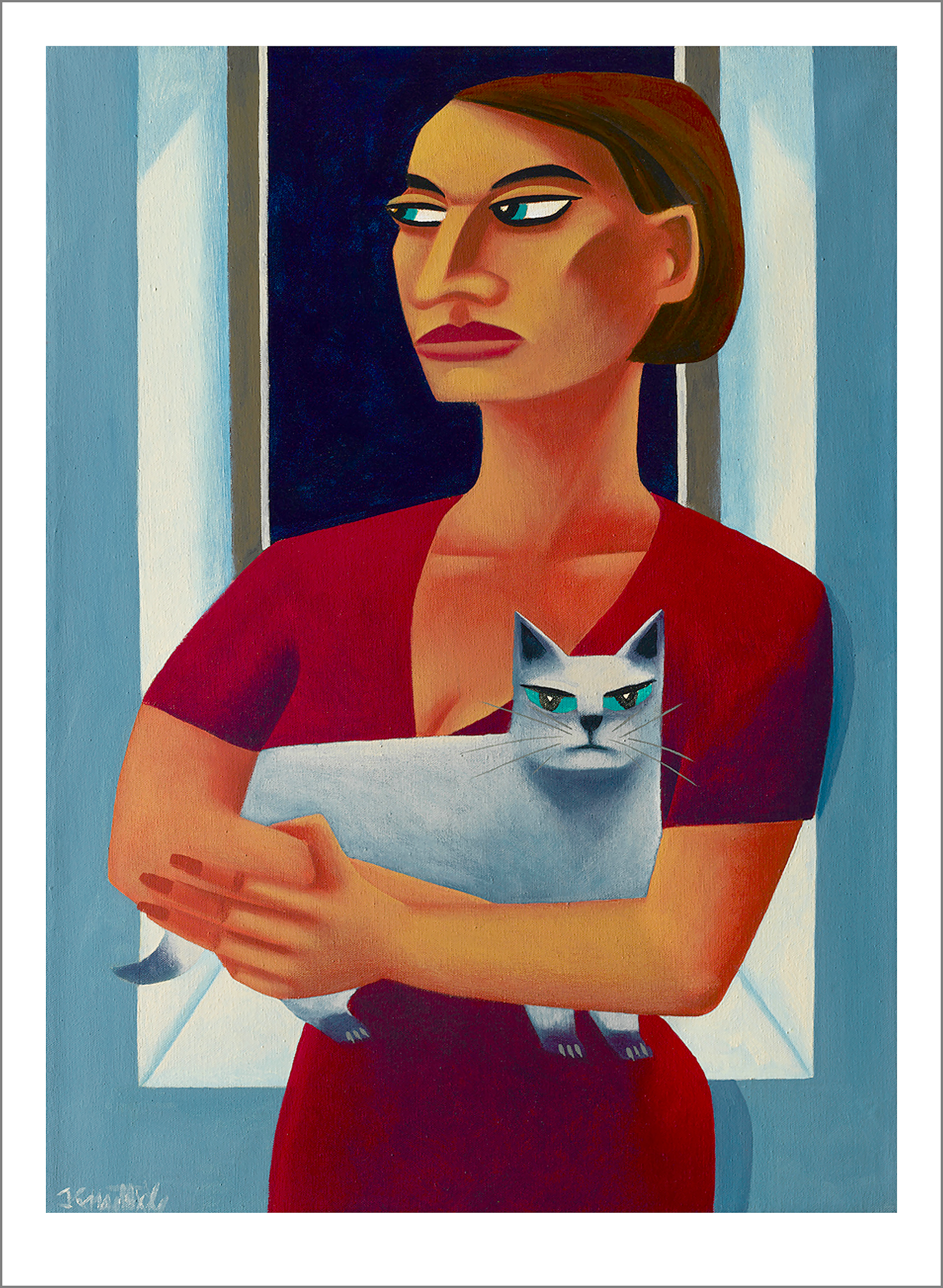 Green Eyed Woman with Grey Cat 20x14.png