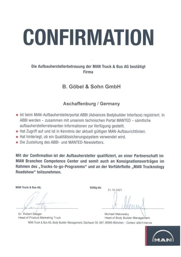 Bestätigungsdokument mit dem Logo von MAN, Betreff "Confirmation" und den Unterschriften von Dr. Robert Seeger und Michael Makowski.