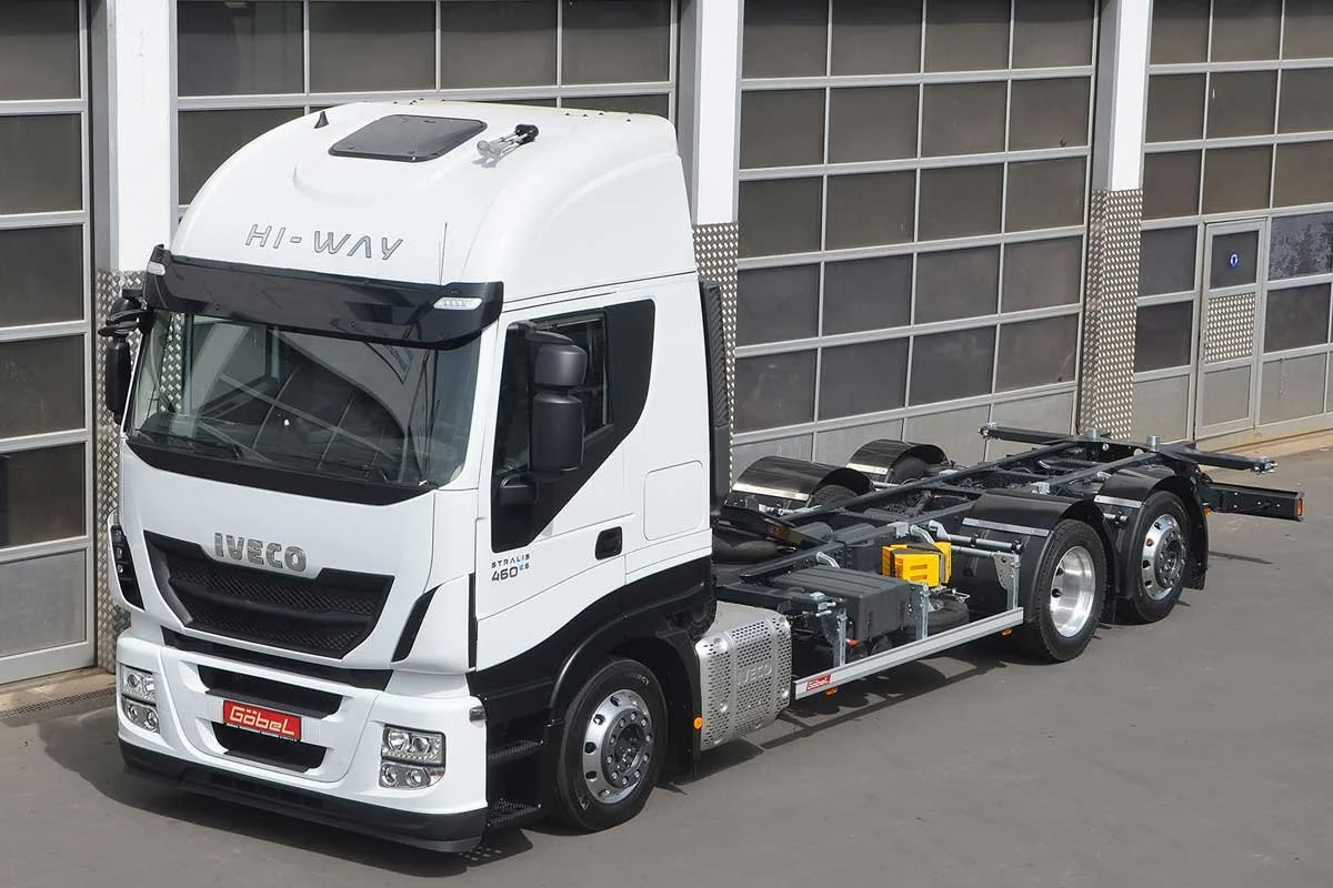 Ein weißer Iveco LKW ohne Auflieger, der auf einem Parkplatz vor einer großen Garage steht.