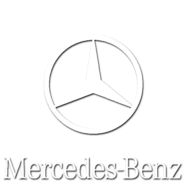 Weißes Mercedes-Benz-Logo auf schwarzem Hintergrund mit beigem Text darunter