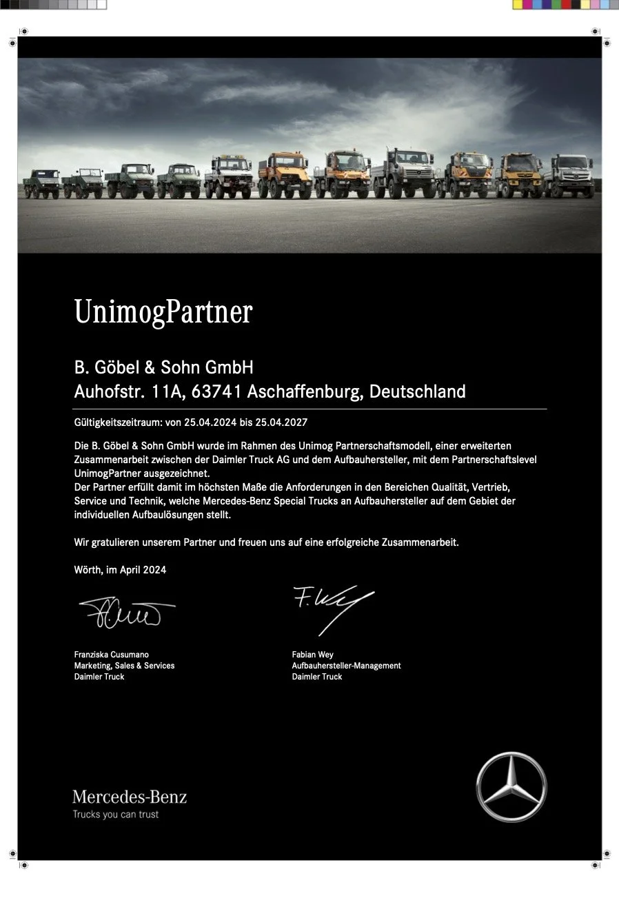 Zertifikat von Mercedes Benz Trucks für Firma Göbel