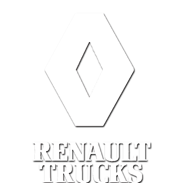 Das Bild zeigt das Logo von Renault Trucks, bestehend aus einem weißen, stilisierten Rhombus-Design auf schwarzem Hintergrund, mit dem Text "RENAULT TRUCKS" darunter.