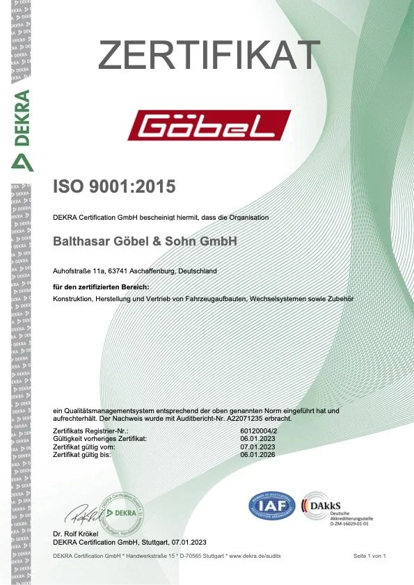 Zertifikat von DEKRA für die Organisation Balthasar Göbel & Sohn GmbH, im Bereich Konstruktion, Herstellung und Vertrieb von Fahrzeugaufbauten, Wechselsystemen sowie Zubehör, gültig vom 07.01.2023 bis 06.01.2026.