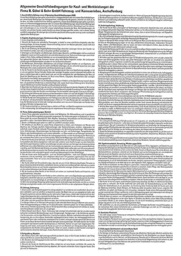 Textdokument mit deutschen Geschäftsbedingungen für Kauf- und Werkleistungen der Firma B. Göbel & Sohn GmbH, Fahrzeug- und Karosseriebaubehör, Aschaffenburg.