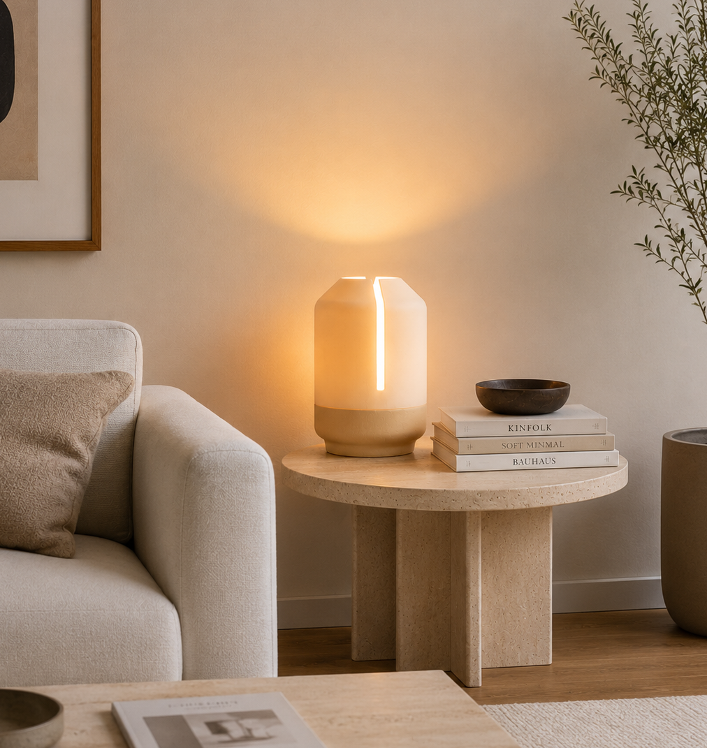 Giro. A minimalist table lamp featuring a rotating shade that allows the light output to be adjusted to create different moods and atmospheres.