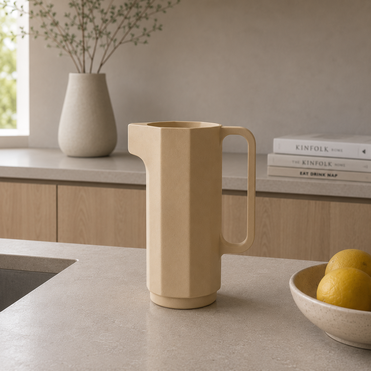 A beige ceramic pitcher on a countertop with a bowl of lemons nearby, a white vase with green branches, and a stack of books titled 'Kinfolk Home' and 'Eat Drink Nap' in the background.