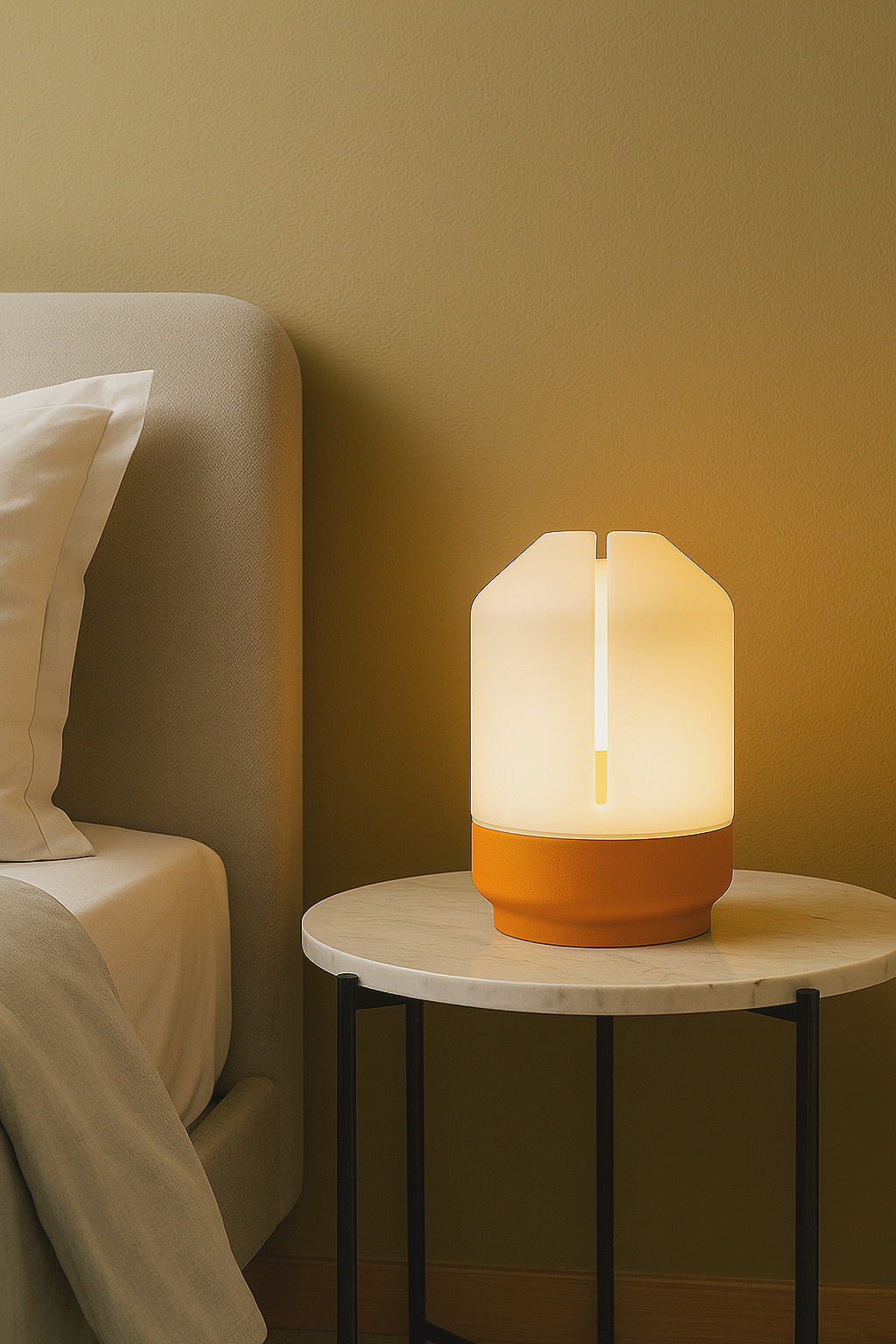 Giro. A minimalist table lamp featuring a rotating shade that allows the light output to be adjusted to different reading needs and atmospheres.