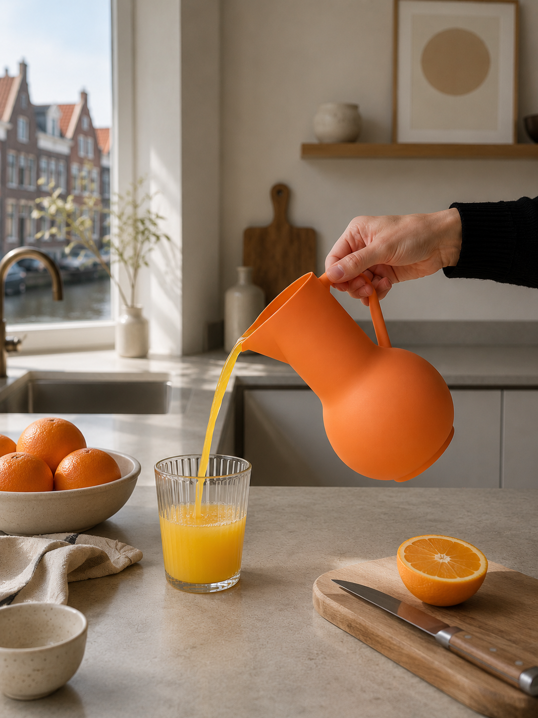 Tombolo. A contemporary reinterpretation of the classic pitcher, the Tombolo combines clean lines with a soft, sculptural silhouette.