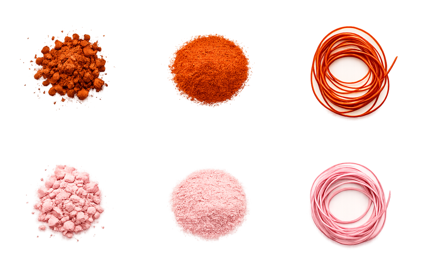 Two sets of two pom-poms and elastic bands. Top row: orange pom-pom, orange pom-pom with beads, orange elastic band on a white plate. Bottom row: pink pom-pom, pink pom-pom with beads, pink elastic band on a white plate.