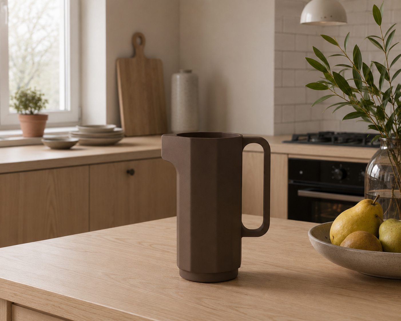 Quadro. A contemporary pitcher inspired by everyday rituals and produced using a wood-infused composite material with a natural texture and finish.