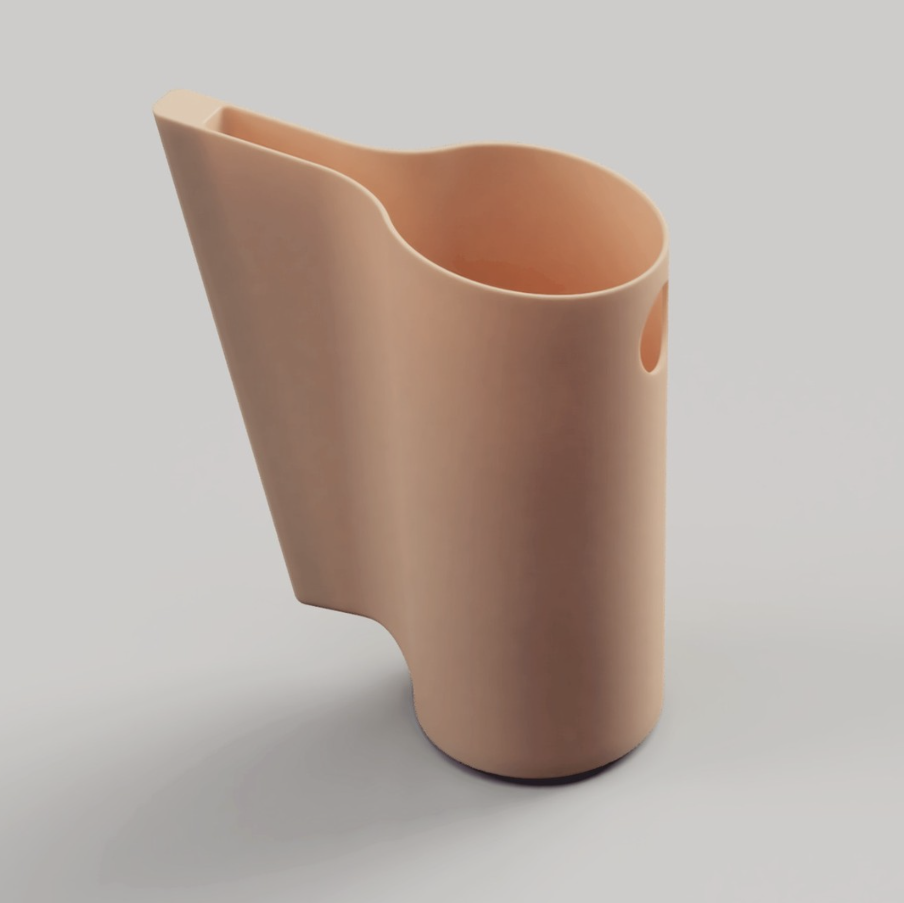 A beige-colored, abstract ceramic vase with a modern, minimalist design, featuring an irregularly shaped opening and a smooth, matte finish, set against a plain gray background.