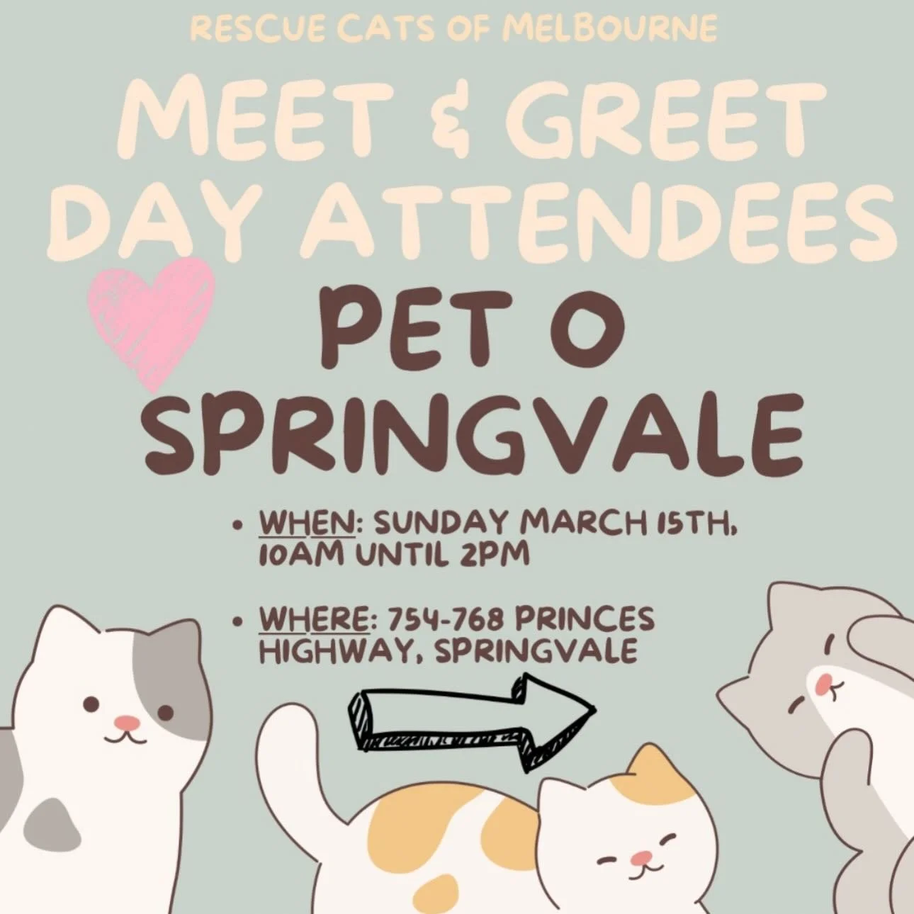🩵🩵🩵MEET &amp; GREET DAY YEOWWWWW🩵🩵🩵

We have over thirty cats and kittens looking for their forever homes!

Join us at Pet O in Springvale on Sunday the 15th of March for our Meet and Greet event! 

📍 Meet our playful, cuddly, and adorable cat