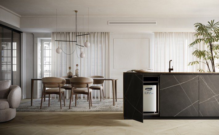 Climatiseur à eau sans unité extérieure Tekno Point IDRA caché dans un meuble de cuisine, R FROID Corse