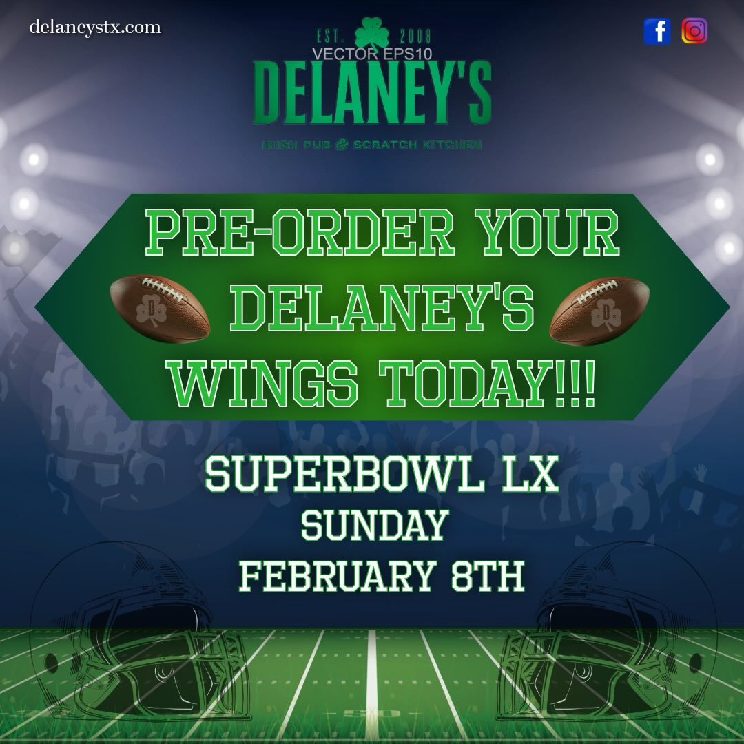 Sunday Funday alert! The New England Patriots and the Seattle Seahawks are going head-to-head in Super Bowl LX on February 8, 2026! Make your Super Bowl party a touchdown with Delaney's mouth-watering Buffalo Wings - pre-order today! #superbowlparty 