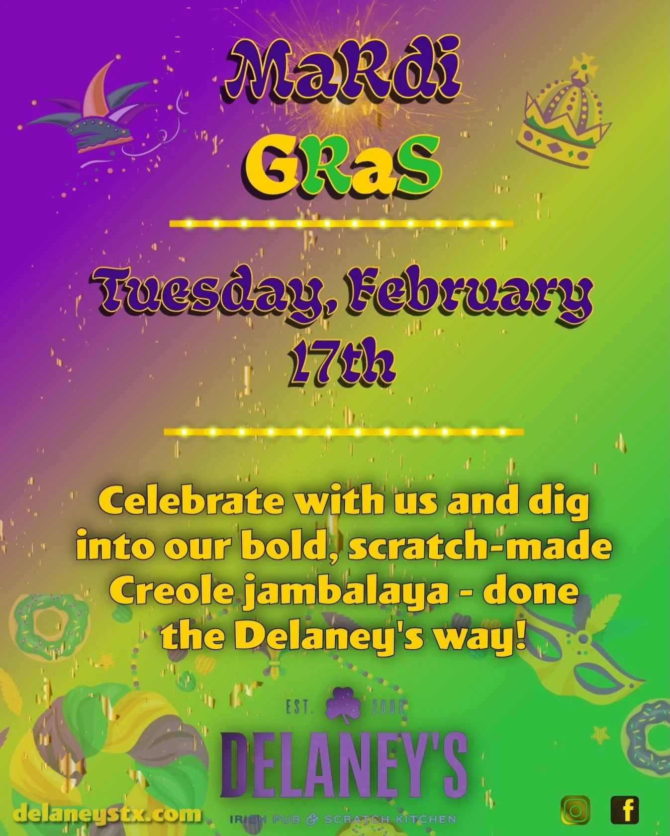 The weekend may be over, but the party's just getting started! Celebrate Fat Tuesday/Mardi Gras with us and treat yourself to a delicious plate of our scratch-made Creole jambalaya, made with love, the Delaney's way! 🍀#delaneysirishpub #mckinneytx #