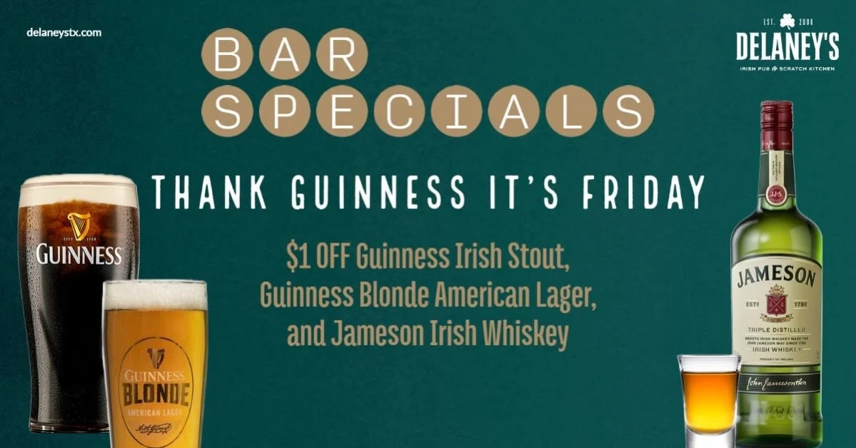 The weekend has finally arrived!!! Join us at Delaney's for a cold Guinness to kick off your weekend in style! #delaneysirishpub #weekend #guinness #mckinneytx #irishpub