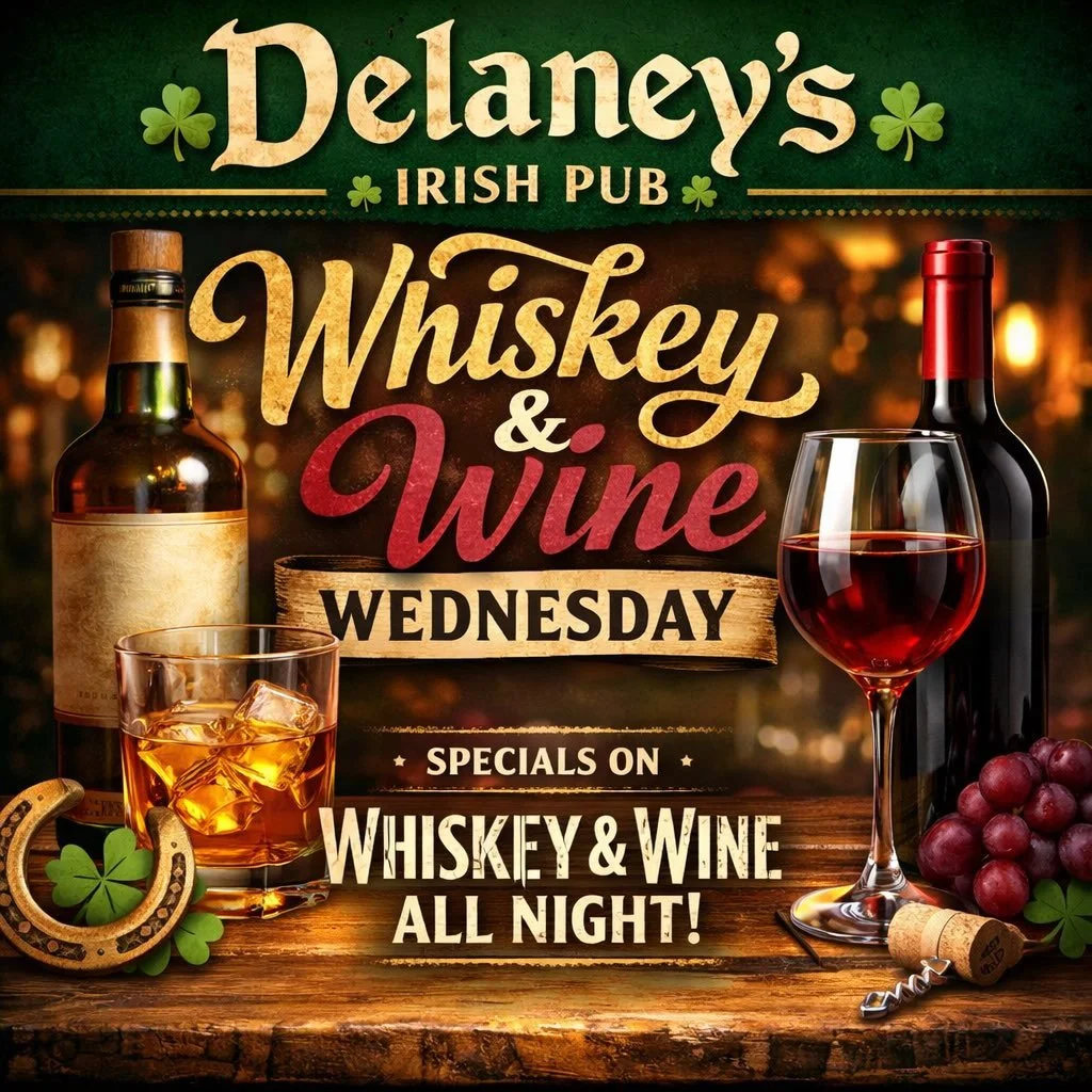 Wednesday vibes require whiskey and wine... join us at Delaney's for a mid-week pick me up! #delaneysirishpub #whiskey #wine #mckinneytx #midweekvibes