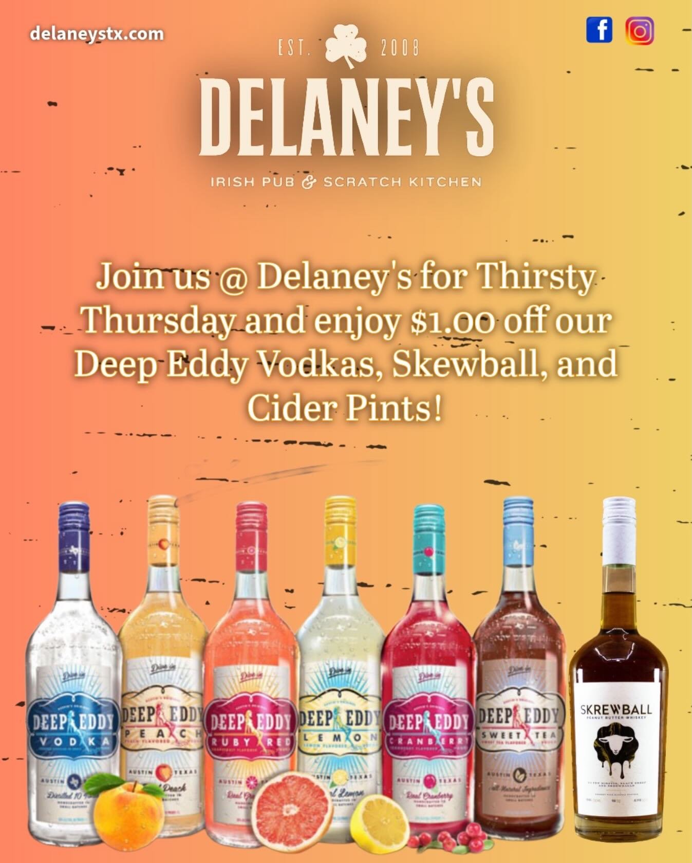 Why wait for Friday? Celebrate Thirsty Thursday with us at Delaney&rsquo;s! #thirstythursday #delaneysirishpub #mckinneytx #deepeddyvodka #skrewballwhiskey