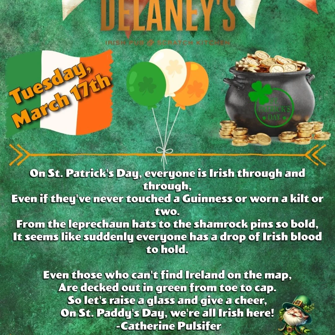 St. Patrick's Day is almost here! Celebrate with us from March 14th-17th and indulge in Irish favorites like corned beef and cabbage, Guinness stew, Guinness, and Jameson! #delaneysirishpub #stpatricksday2026 #mckinneytx #guinness #irishpubs