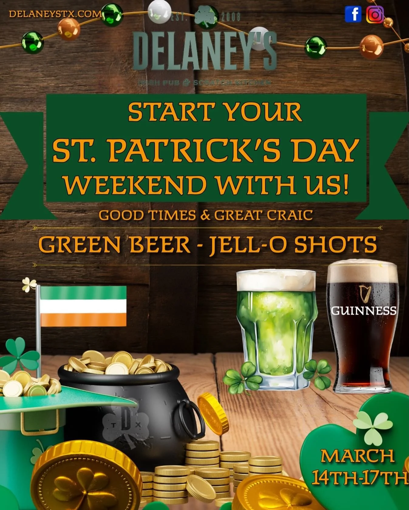 St. Paddy&rsquo;s Day Weekend has officially begun! Join us for all your Irish favorites March 14th - March 17th,  including Corned Beef and Cabbage, Reuben&rsquo;s, Guinness, and Jameson! In addition we have Jell-O Shots and Green Beer to add to you