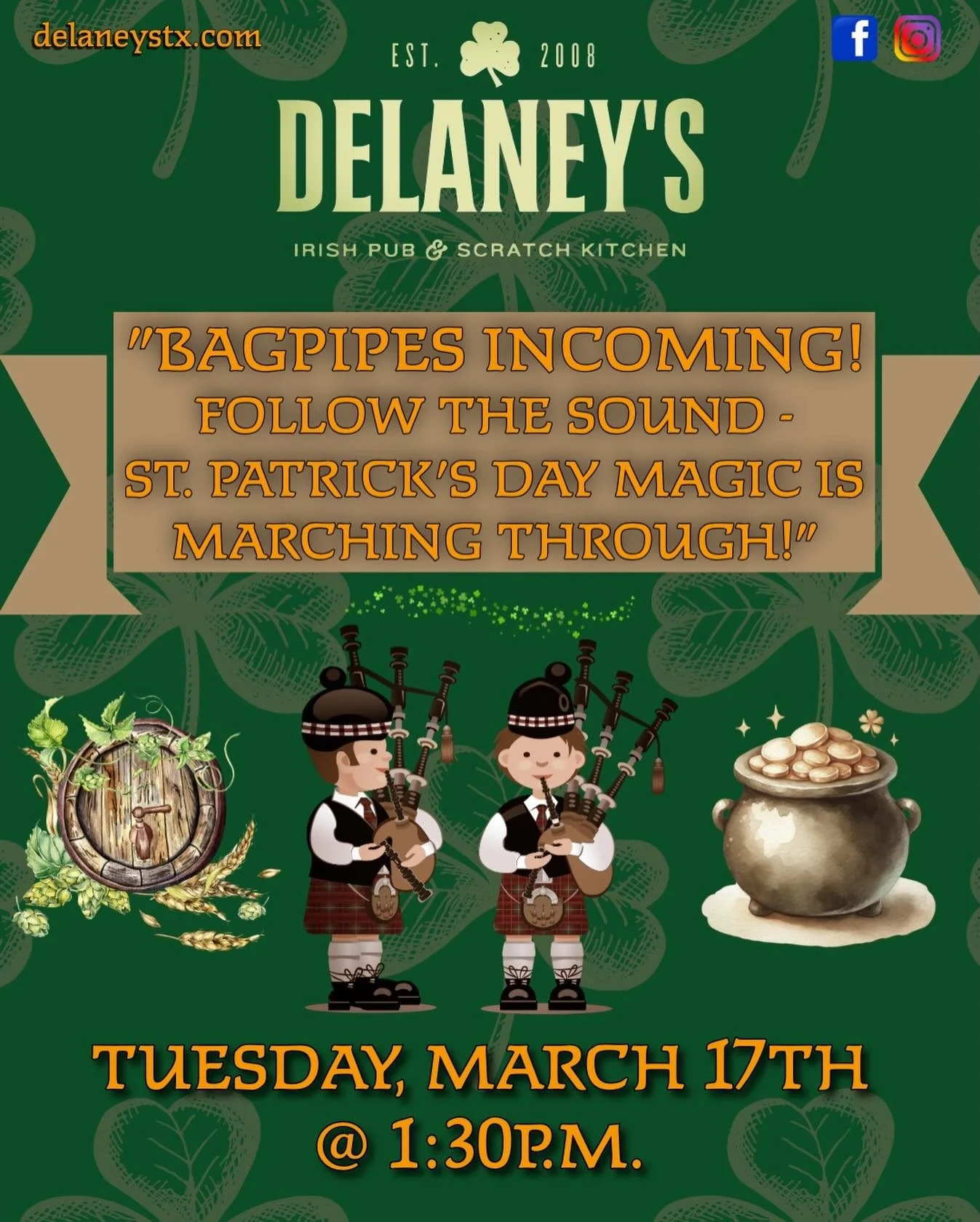 Get your pints ready - the bagpipes are about to make their grand entrance! Tuesday, March 17th @ 1:30p.m.
#stpatricksday2026☘️🌈🎩 #delaneysirishpub #mckinneytx #bagpipes #irishpub