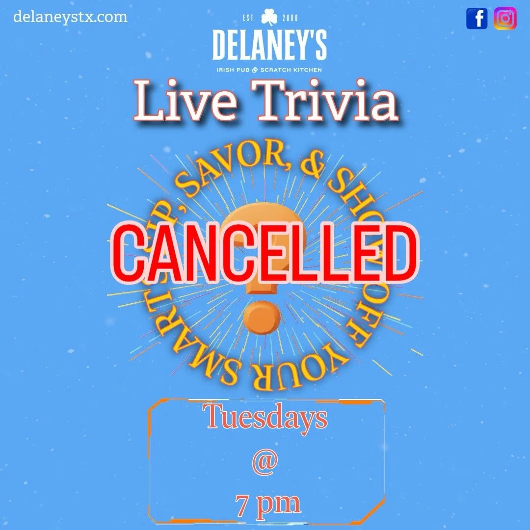 Trivia is taking a break for St. Patrick's Day on Tuesday, March 17th. Join us again on Tuesday, March 24th for our weekly game. #delaneysirishpub #mckinneytx #trivia #notrocketsciencetrivia #triviatuesday