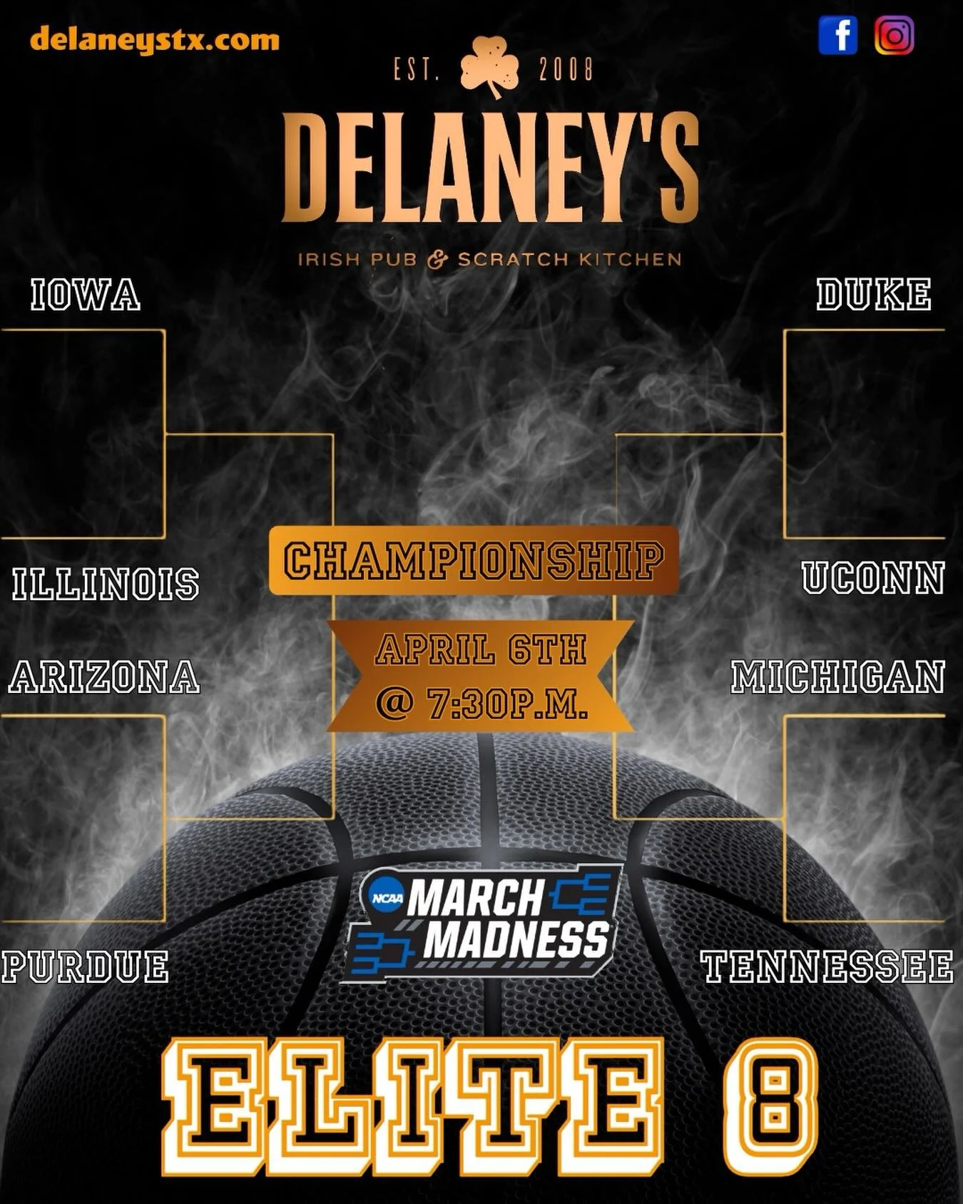 The wait is over! The elite eight battle kicks off tonight at 5 at Delaney's - come cheer on your favorite team and see who advances! #marchmadness #eliteeight #ncaa #mckinneytx #delaneysirishpub🍀