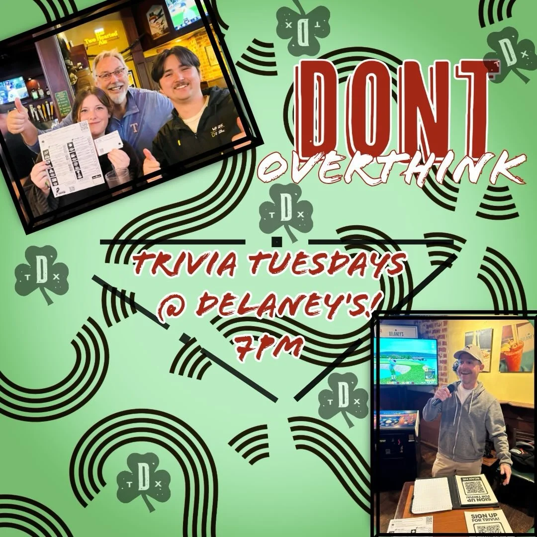 It's Tuesday, and you know what that means - live trivia night at Delaney's! Bring your crew and get ready to shine at 7 tonight! #notrocketsciencetrivia #trivia #tuesdaytrivia #mckinneytx #delaneysirishpub